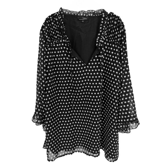 Suzanne Betro 4X BLACK White Polka Dot Ruffle Neck 3/4 Sleeve Top Tunic Blouse - Picture 2 of 14